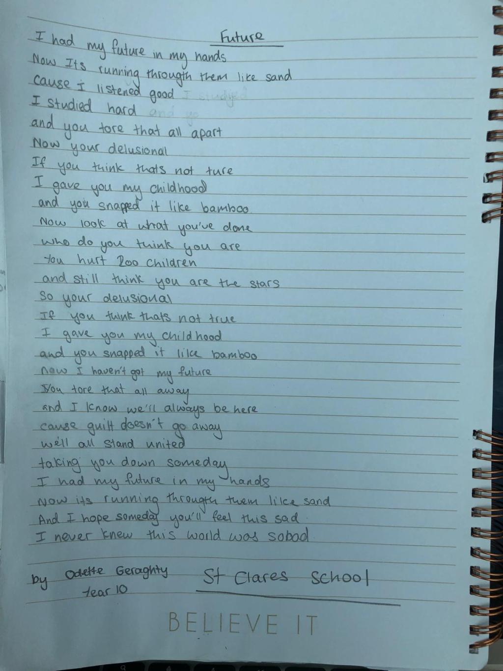 Song title 'Future' written by Odette Geraghty, Year 10
